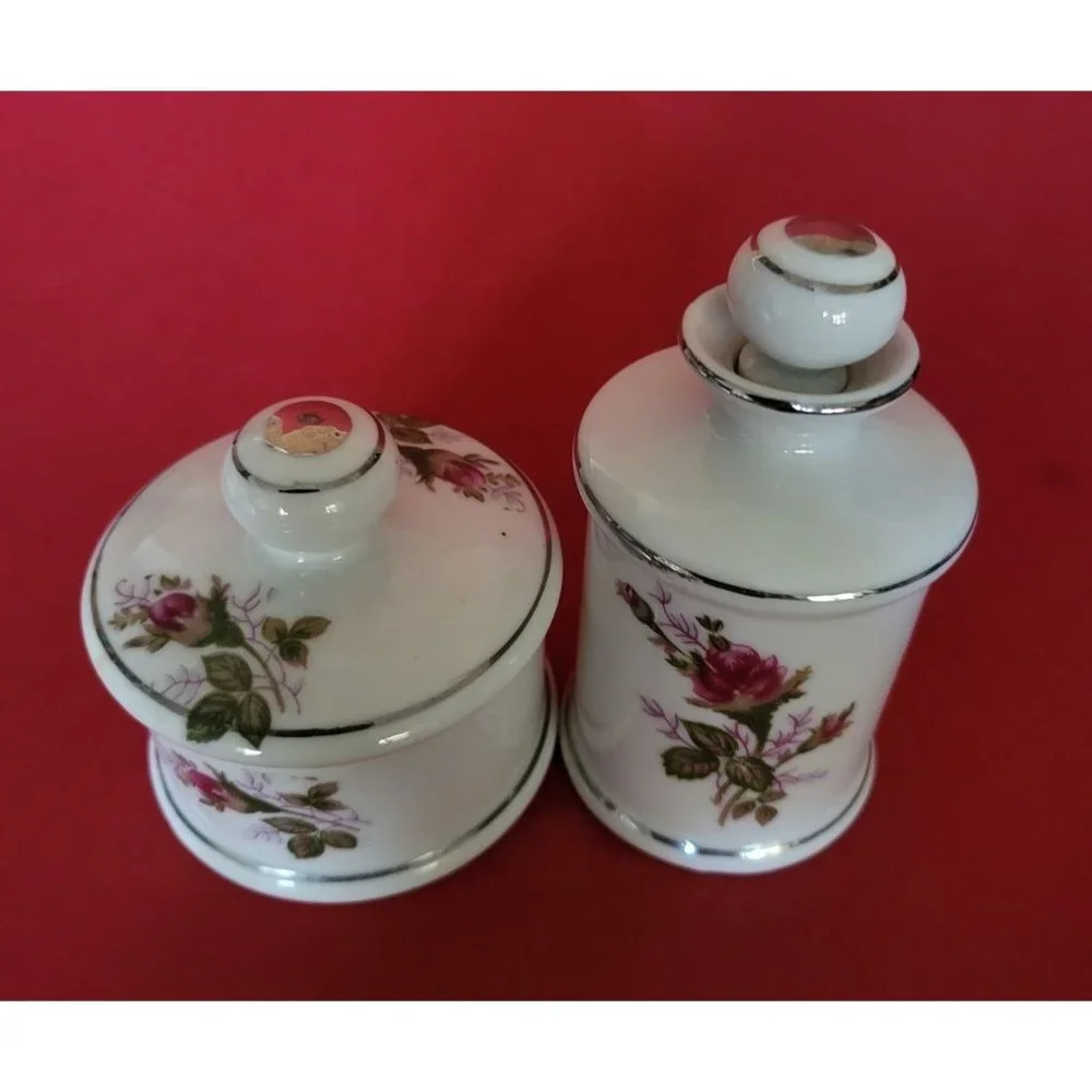 Chase Japan Vintage Ceramic Vanity Jars with Silver Detail Storage Keepsake Box